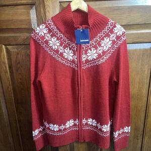 Christmas NWT Sz M Red Sweater Cardigan Full Zip Snowflakes Rhinestones Not Ugly